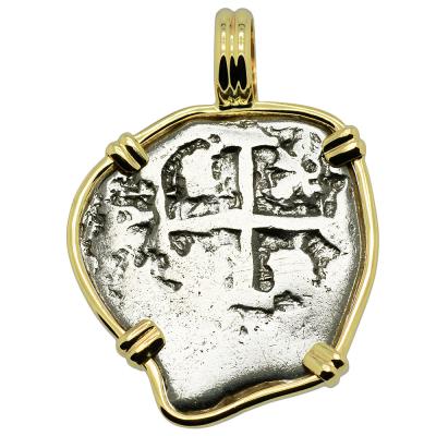 1738 Spanish 1 real coin in gold pendant