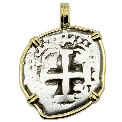 1756 Spanish 2 reales coin in gold pendant