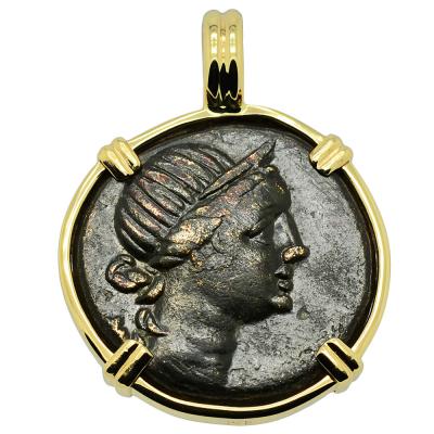 125-100 BC Artemis coin in gold pendant
