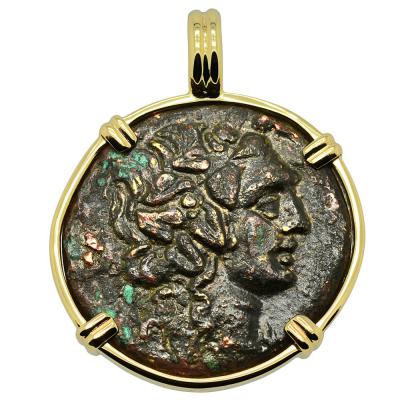 God of Wine Dionysus bronze coin in gold pendant