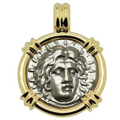 250-200 BC Sun God Helios didrachm in gold pendant