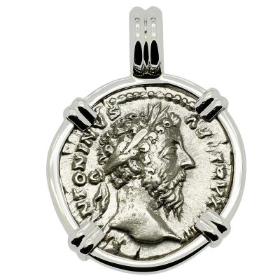Marcus Aurelius denarius coin in white gold pendant