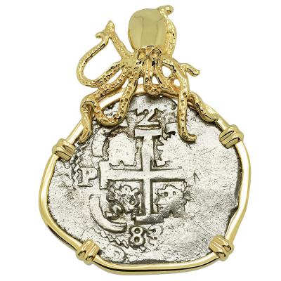 1683 Spanish 2 reales in gold octopus pendant