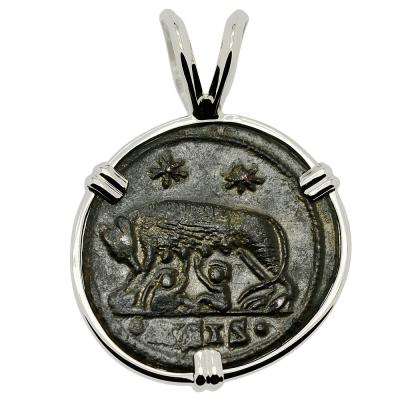 AD 330-336 She-Wolf coin in white gold pendant