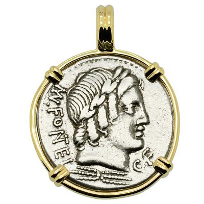 85 BC Apollo denarius coin in gold pendant.