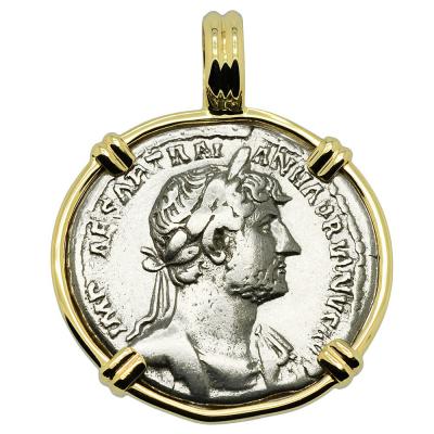 AD 121-123 Hadrian denarius coin in gold pendant
