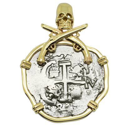 1684 Spanish coin in gold skull and pistols pendant