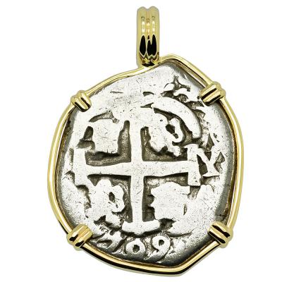 1709 Spanish 2 reales coin in gold pendant
