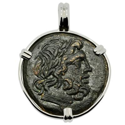 120-70 BC Zeus bronze coin in white gold pendant
