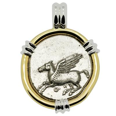 400-375 BC Pegasus coin in white and yellow gold pendant