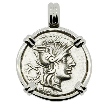128 BC Roma denarius coin in white gold pendant