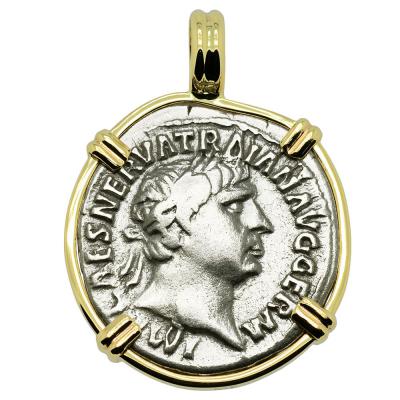 Emperor Trajan denarius coin in gold pendant