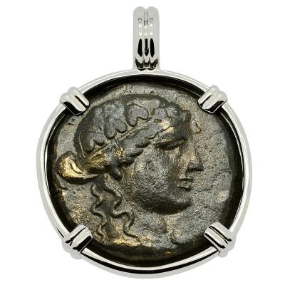 God of Wine Dionysus bronze coin in white gold pendant