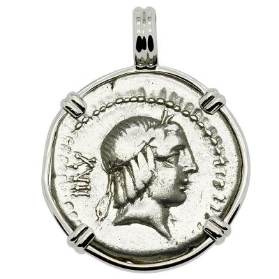 90 BC Apollo denarius coin in white gold pendant.