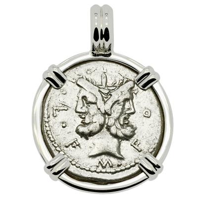 120 BC Janus denarius coin in white gold pendant