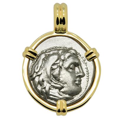 Alexander the Great drachm coin in gold pendant
