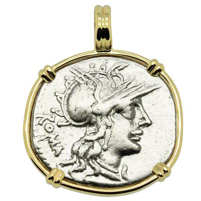 120-119 BC Roma denarius coin in gold pendant