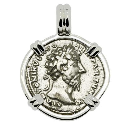 Marcus Aurelius denarius coin in white gold pendant