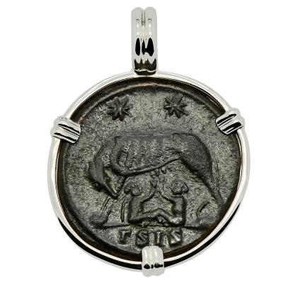AD 330-336 She-Wolf coin in white gold pendant