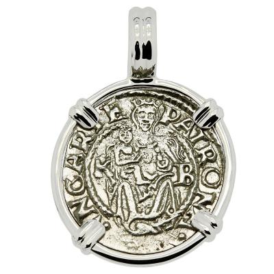 1549 Madonna and Child denar coin in white gold pendant