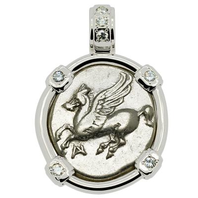 320-280 BC Pegasus stater in white gold pendant with diamonds