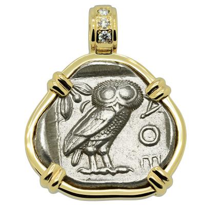 454-404 BC Owl coin in gold pendant with diamonds 