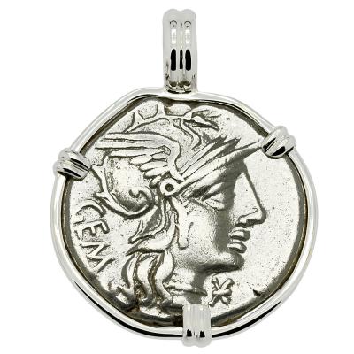 132 BC Roma denarius in white gold pendant