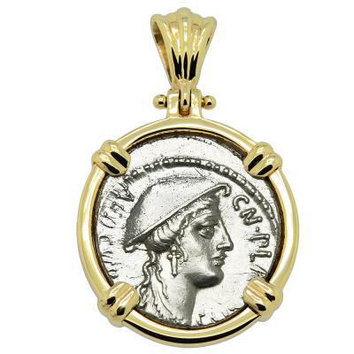 55 BC Diana denarius coin in gold pendant