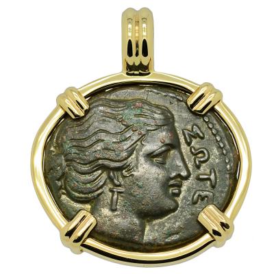 Syracuse 317-289 BC Artemis coin in gold pendant