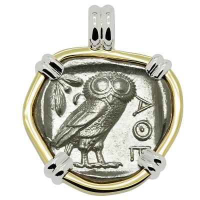 454-404 BC Owl tetradrachm in white and yellow gold pendant