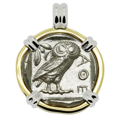 454-404 BC Owl tetradrachm in white and yellow gold pendant