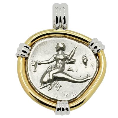 Boy on Dolphin coin in white and yellow gold pendant