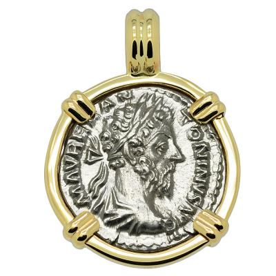 AD 179-180 Marcus Aurelius coin in gold pendant