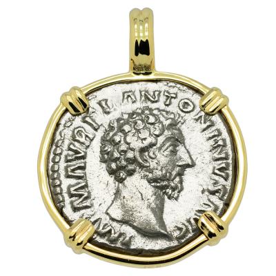 AD 162 Marcus Aurelius coin in gold pendant
