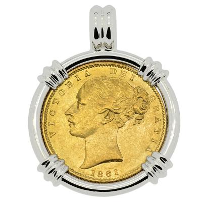 1861 Queen Victoria sovereign in white gold pendant