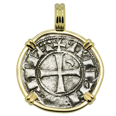1163-1188 Antioch Crusader Cross denier in gold pendant