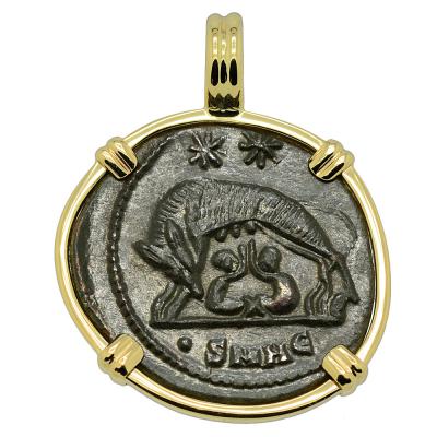 She-Wolf Suckling Twins coin in gold pendant