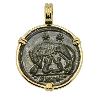 AD 330-336 Roman She-Wolf coin in gold pendant