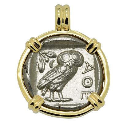 454-404 BC Owl tetradrachm coin in gold pendant