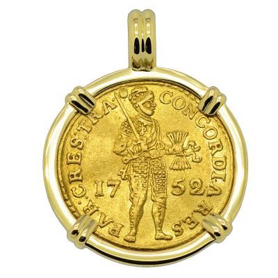1752 Dutch ducat coin in 18k gold pendant