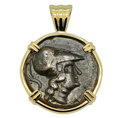 277-239 BC Athena bronze coin in gold pendant