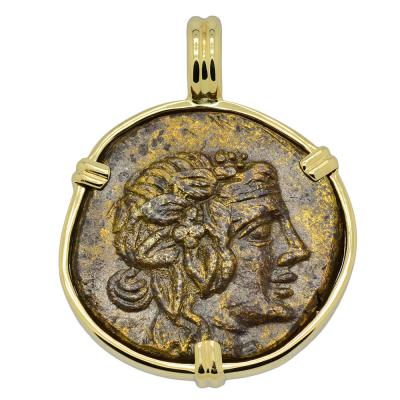 120-63 BC Dionysus bronze coin in gold pendant