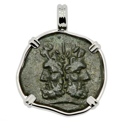 210-201 BC Janus bronze coin in white gold pendant