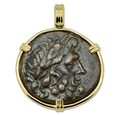 133-48 BC Zeus bronze coin in gold pendant