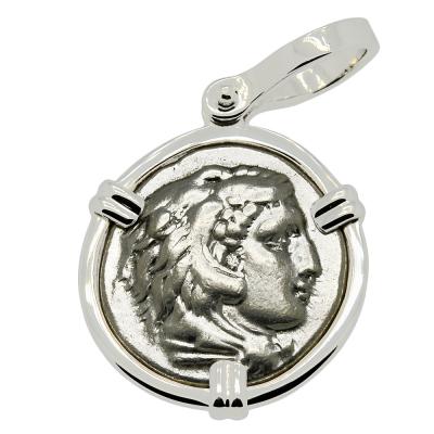 Alexander the Great coin in white gold pendant