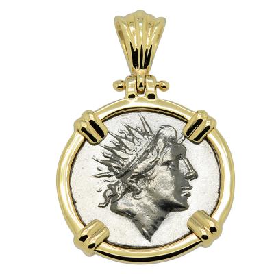 88-84 BC Sun God Helios coin in gold pendant