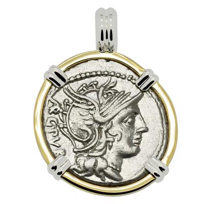 101 BC Roma denarius in white and yellow gold pendant
