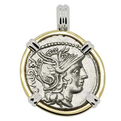101 BC Roma denarius in white and yellow gold pendant