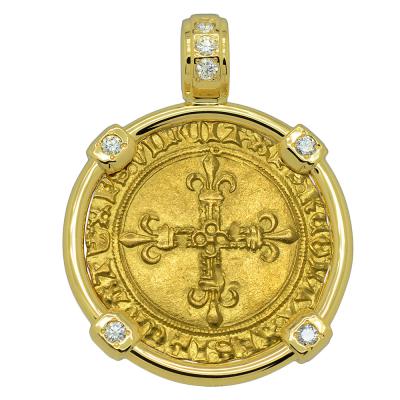Charles VIII coin in 18k gold pendant with diamonds