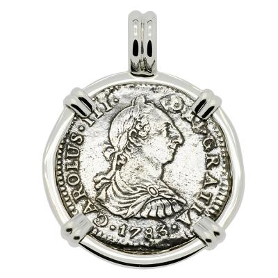 1783 El Cazador Shipwreck coin in white gold pendant